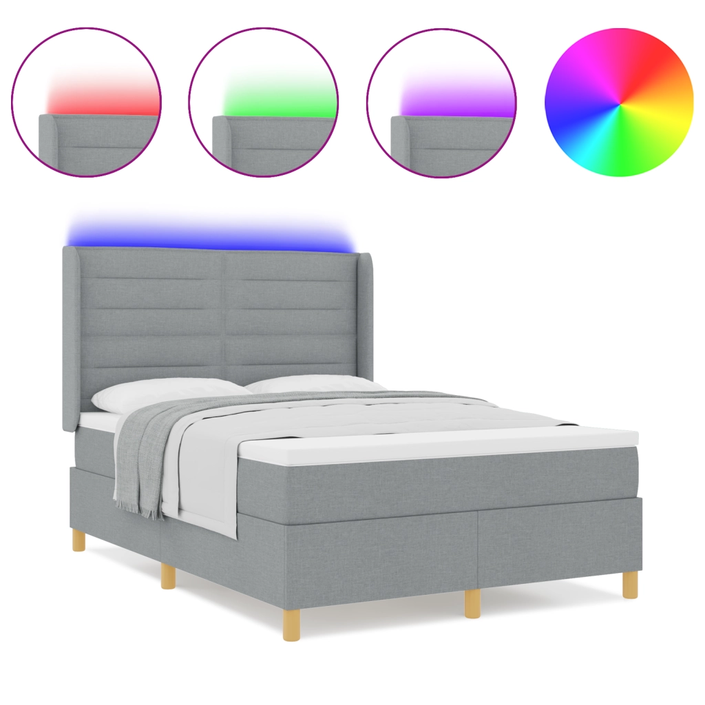 Letto Box Spring con Materasso e Luce LED Grigio Chiaro 140x200 cm Tessuto