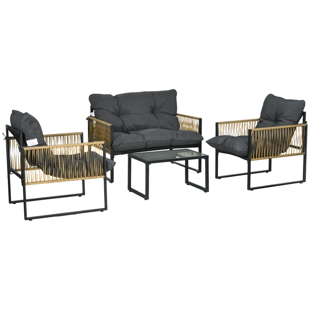 Set salotto da giardino 4 pezzi con divano 2 posti, 2 poltrone e tavolino vetro temperato ¨C Zephmum ¨C Grigio