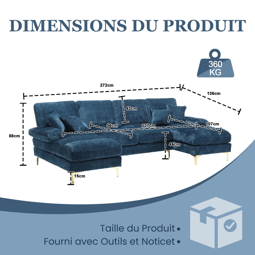 OKWISH Divano Panoramico a U, 4 Posti con Doppia Chaise Longue, Seduta Ergonomica e Cuscini, Ciniglia Blu