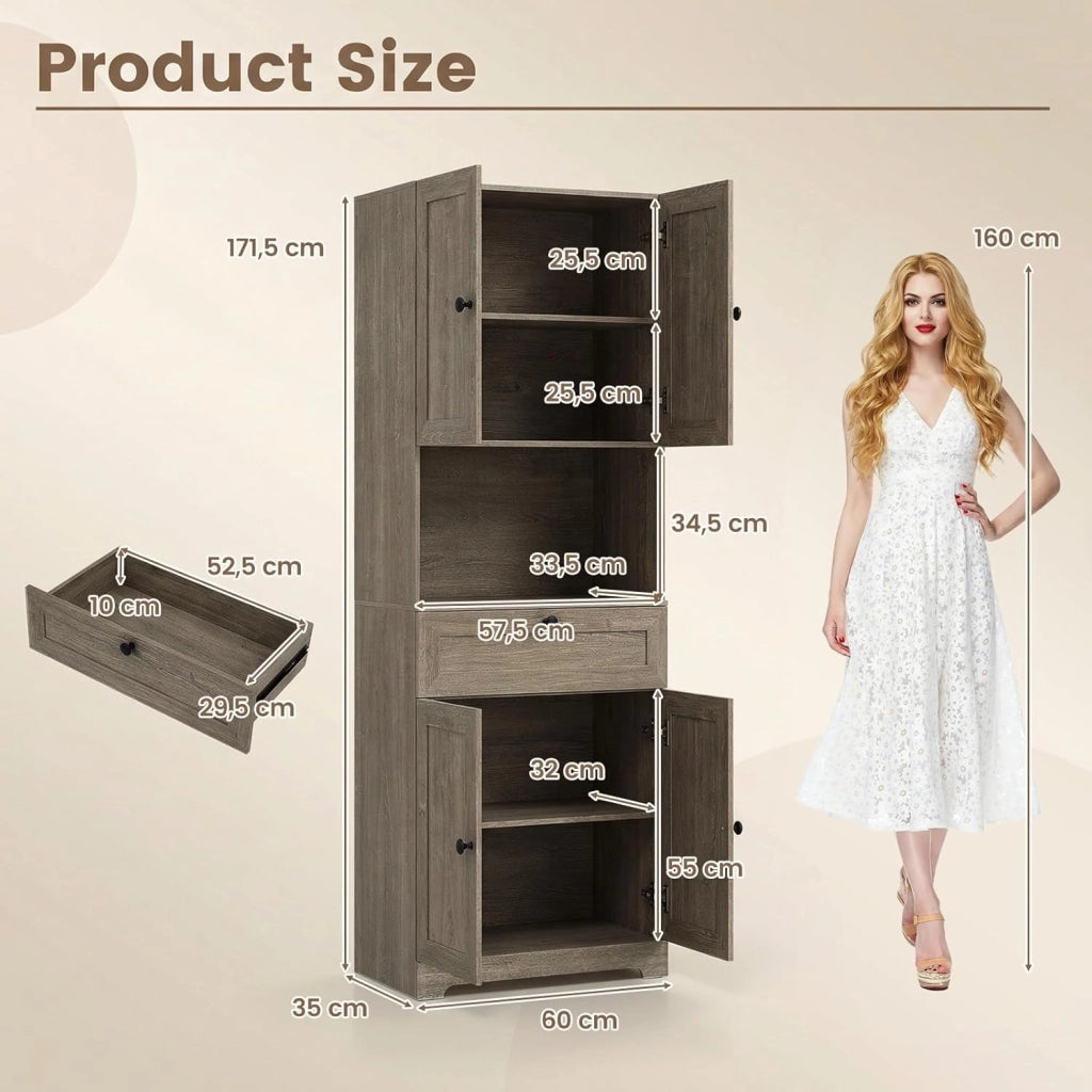 Armadietto da bagno alto con 4 ante, cassetto, cucina con ripiani regolabili, armadietto multiuso per cucina, bagno, soggiorno, camera da letto, 60 x 35 x 171,5 cm (grigio)
