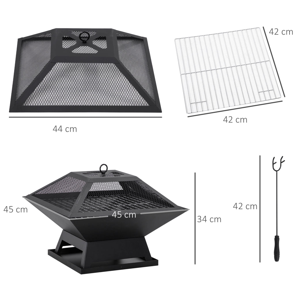 Braciere da giardino in acciaio nero 45x45x34 cm con paraspark e attizzatoio