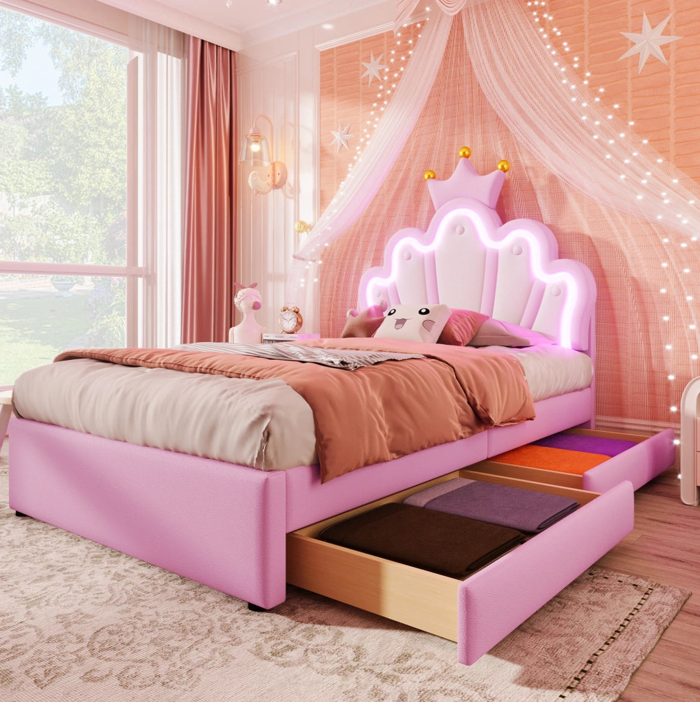 Letto imbottito 90x200 cm; testiera regolabile e luci LED; PU rosa (Senza materasso)