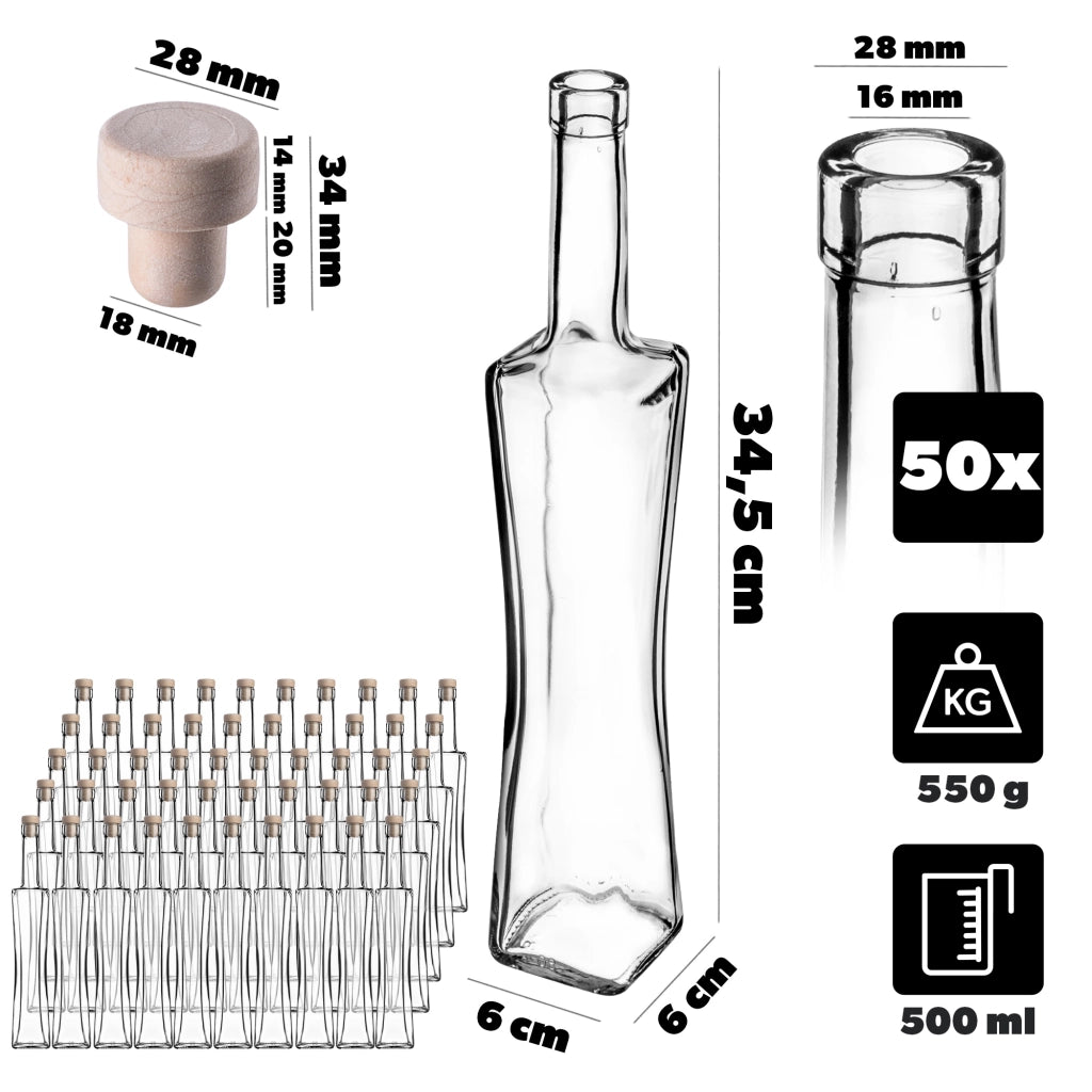 KADAX Quadra Glass Bottle 500 ml 0.5L Moonshine Liqueur Bottles 50pcs + Tap T