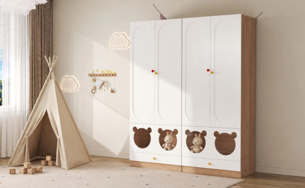 Armadio a 2 ante per bambini con barra appendiabiti e cassetti, 80 × 50 × 200 cm, bianco e effetto legno