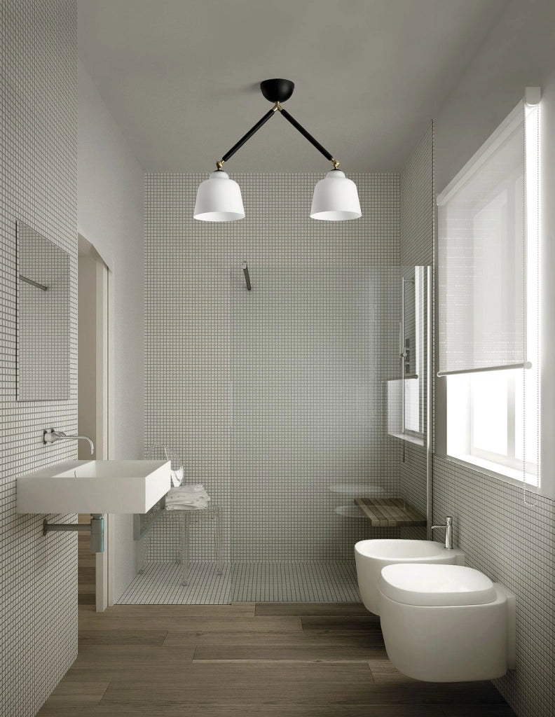 NEORETRO SOFFITTO 2 LUCI SNODABILE STRUTTURA NERA DIFFUSORE VETRO SOFFIATOBIANCHI ATTACCO E27