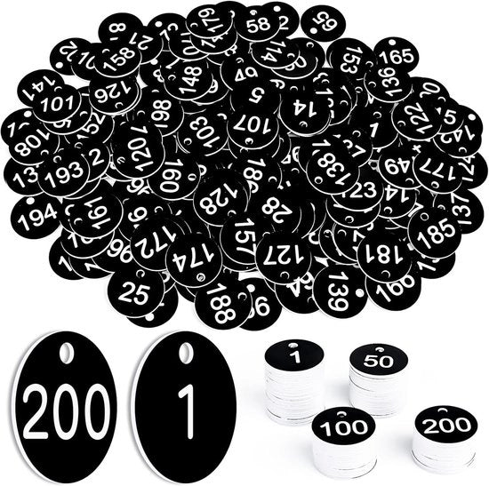 200 pezzi di etichette numerate a grava 1-200 - etichette con foro per chiusura - hanger per chiavi - etichette per Bijenkorf con gancio - hanger ID per organizzare e ordinare - nero