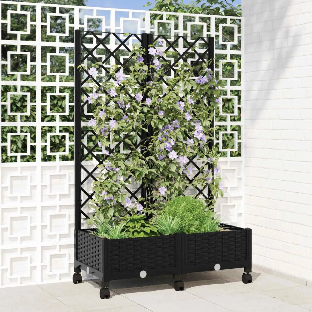Vaso da giardino con grigliato e ruote Nero 80 x 40 x 131,5 cm 3422965