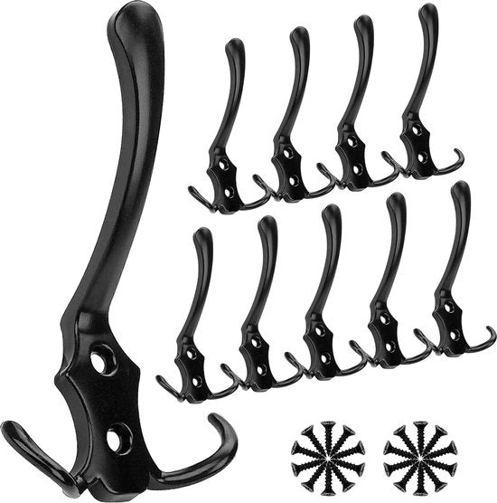 Set di 10 ganci per parete - 3 ganci per abbigliamento - inclusi 20 viti - per camera da letto, bagno, armadio - metallo - ganci per armadio