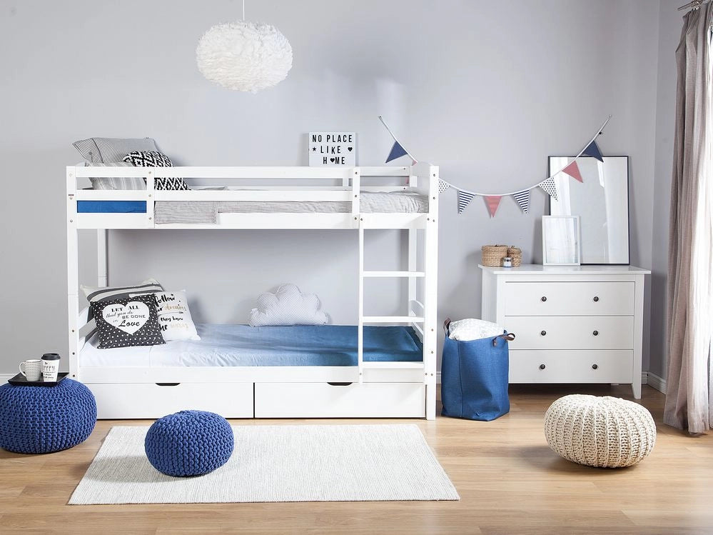 Letto a banca doppia con contenitore in legno di pino bianco singola misura 90 x 200 per bambini in cameretta