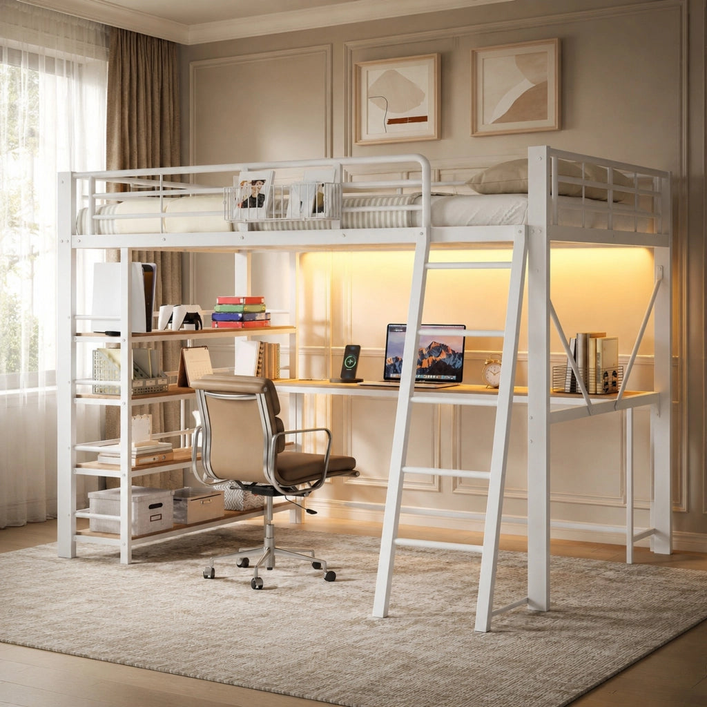 Letto a soppalco 140 × 200 cm con scrivania integrata, 4 ripiani, LED e USB, senza materasso, bianco