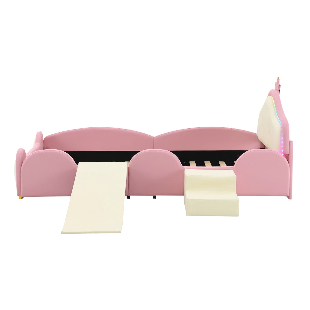 OKWISH Letto Bambini 90×200 cm, Letto Singolo con LED Multimode, Scivolo e Scala, senza Materasso, in PU, Rosa