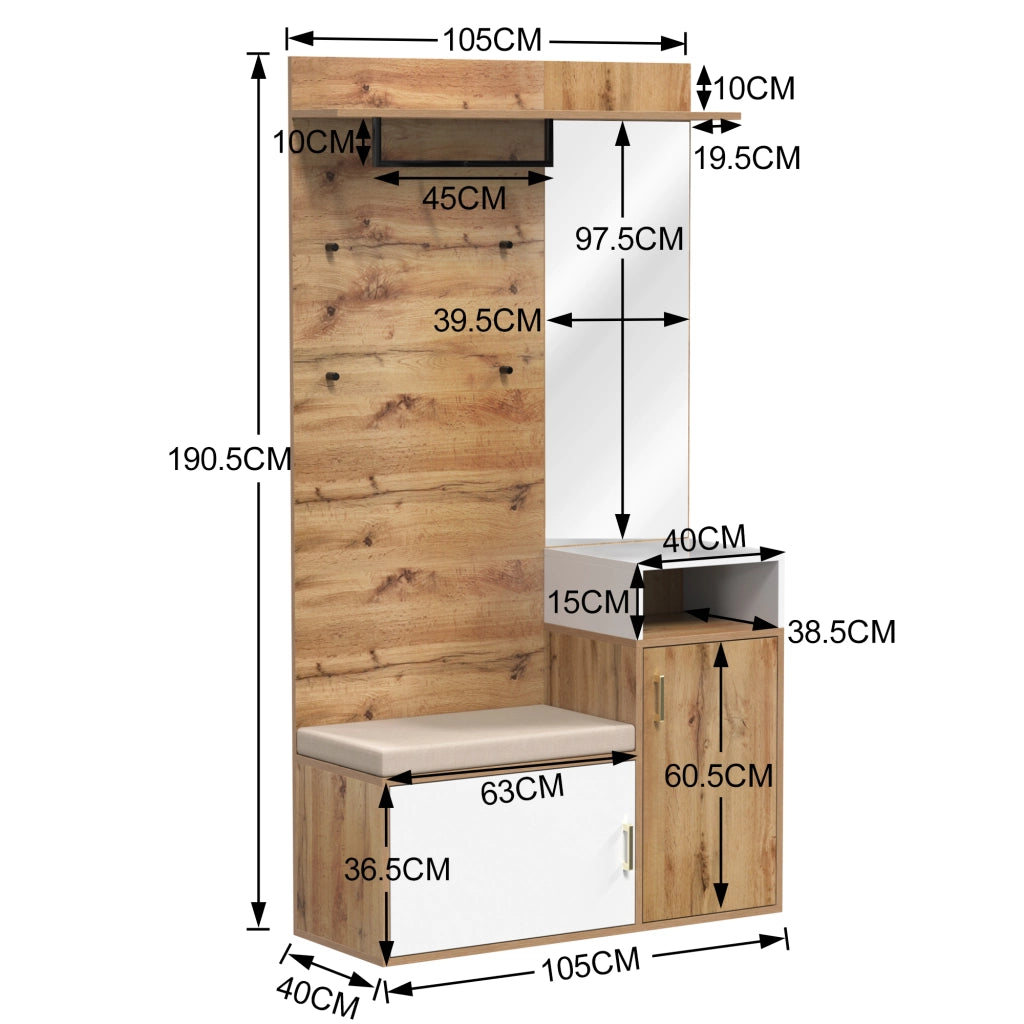 OKWISH Mobile da ingresso con specchio, panca, 2 vani portascarpe e 4 ganci, MDF, bianco e legno, 105x40x190,5 cm