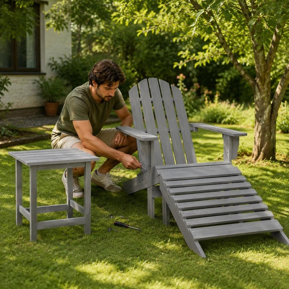 Adirondack Garden Chair With Footrest & Table, Fir Wood, Grey