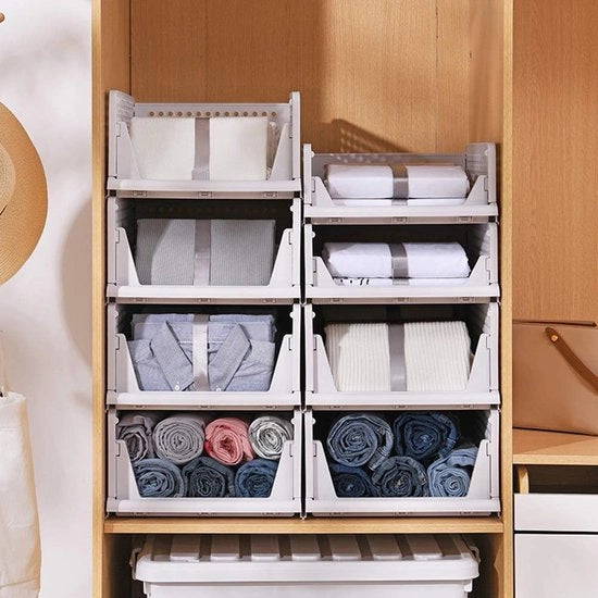 Set di 5 contenitori di plastica pieghevoli per archiviazione, cassetti, organizzatore di armadio per abiti, scatola di archiviazione per piatti, contenitori per piatti per armadio, cassetti pieghevoli per armadio, per cucina/camera da letto, bianco