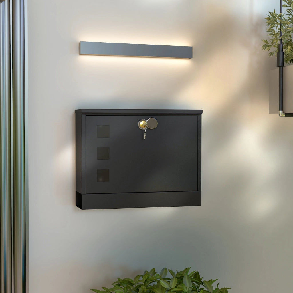 Cassetta postale da esterno in metallo nero con 3 finestre, chiudibile, 36,5 x 11,5 x 29 cm