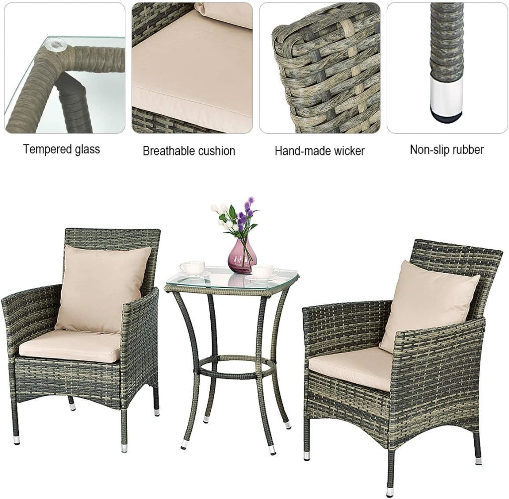 3 Pezzi Set Mobili da Giardino, Set da Esterno con Cuscini 2 Sedie e 1 Tavolino con Piano in Vetro, in Rattan PE, Ideale per Balcone Terrazza Giadino, Grigio