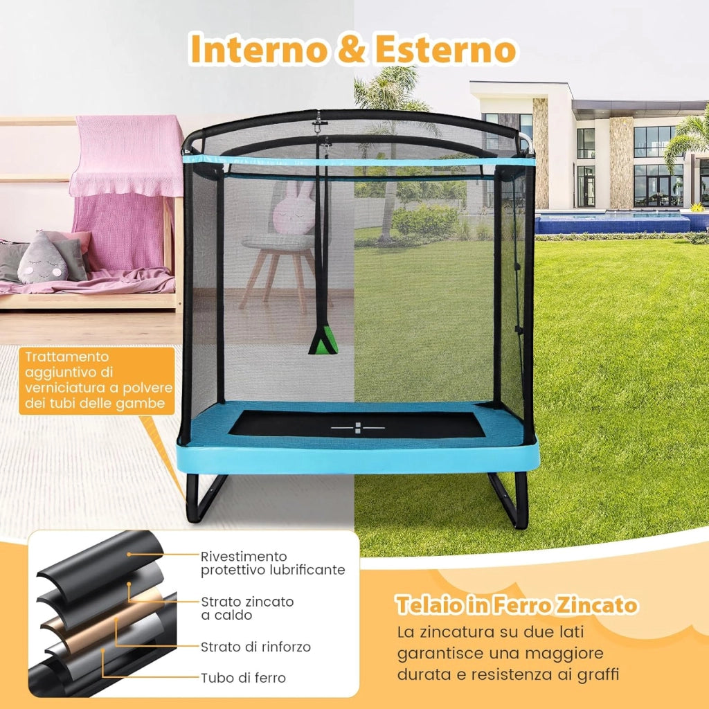 Trampolino per Bambini Rettangolare, Tappeto Elastico da Esterno ed Interno per Bambini da 190CM con Altalena e Rete di Sicurezza per Bambini più di 3 Anni, Portata 100kg