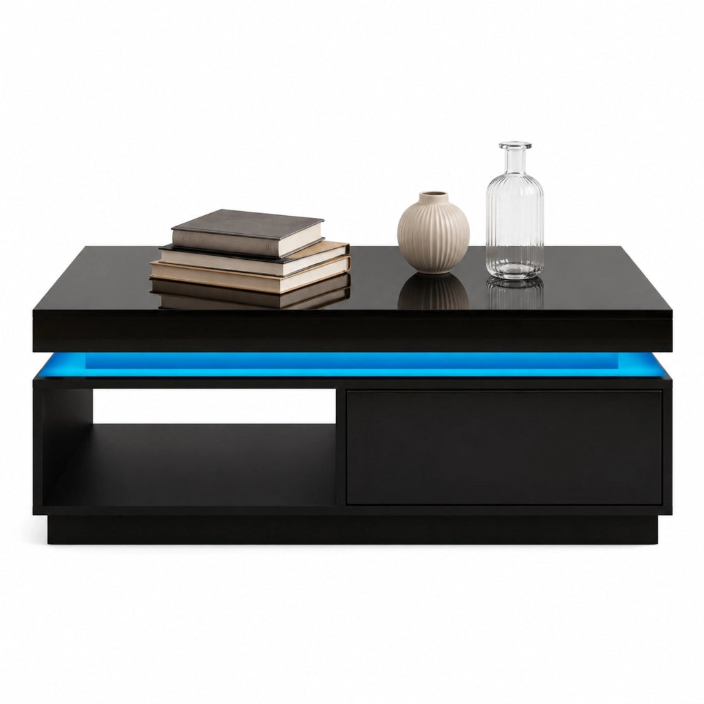 TAVOLINO DA CAFFÈ 100x50x40,3 cm Nero Lucido con LED e cassetto