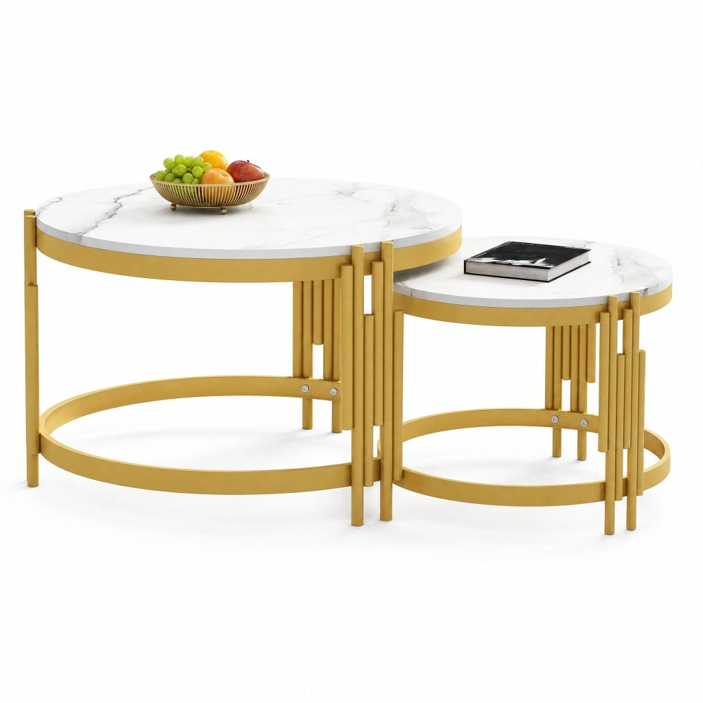 Set di tavolini da caff¨¨ modulari effetto marmo con struttura in metallo color ottone antico, 2 pezzi