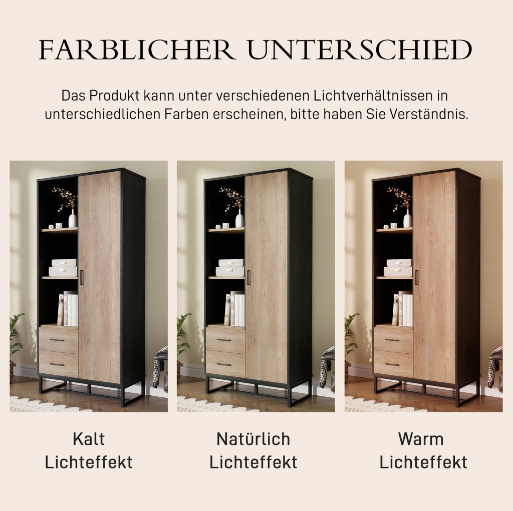Credenza alta con 1 anta; 2 cassetti e 3 vani aperti 80x40x180 cm in MDF nero e effetto legno