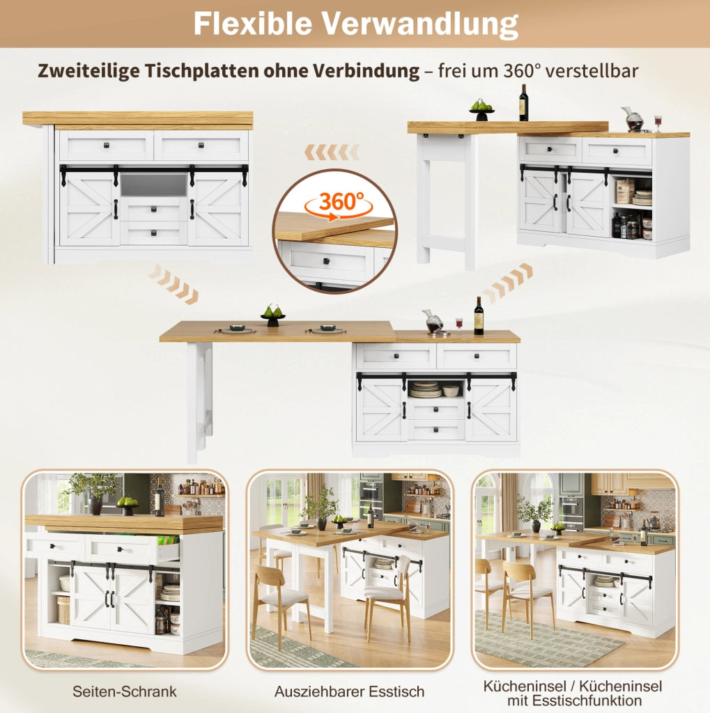 Isola cucina in MDF con tavolo estensibile e pannelli girevoli