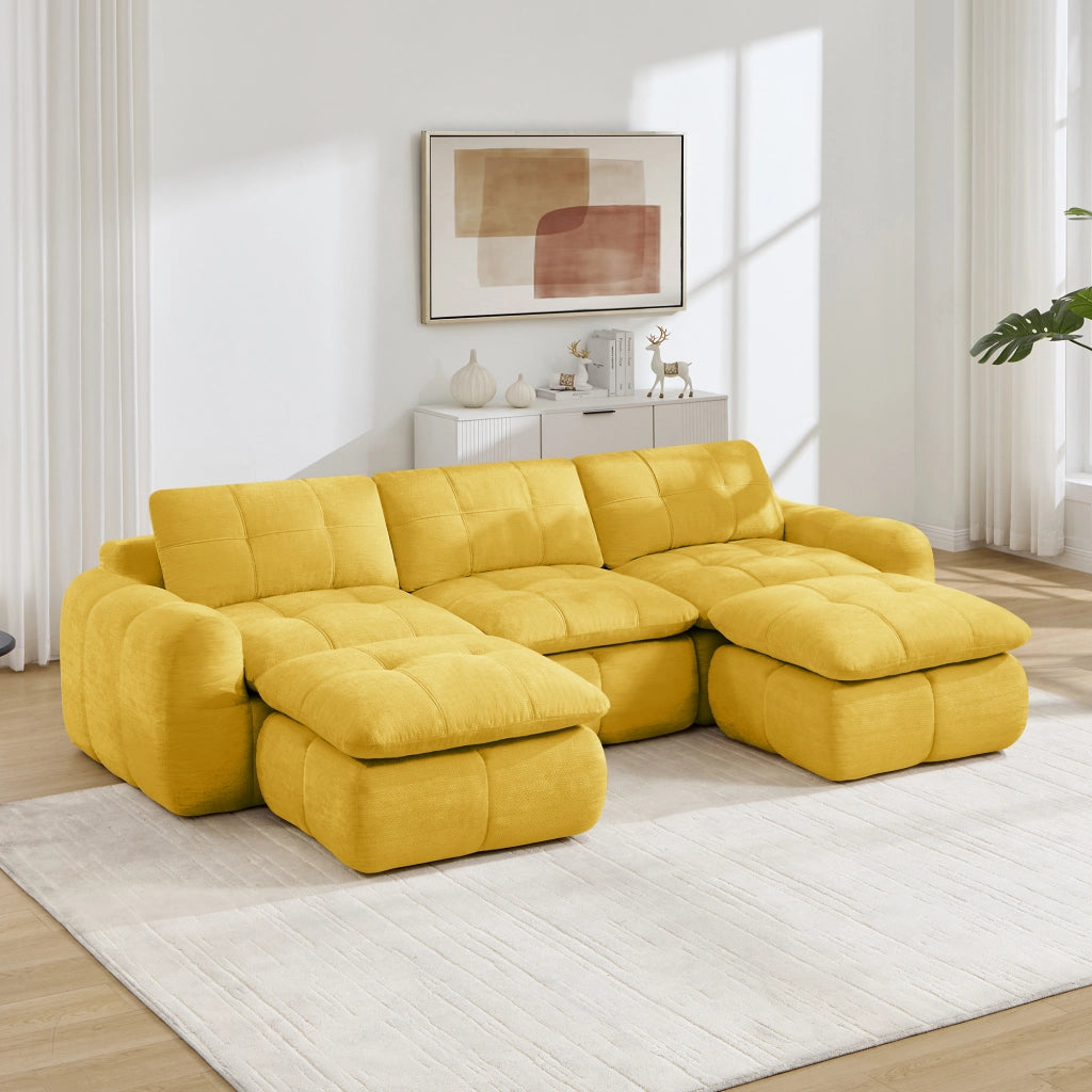 Divano modulare a U 3 posti senza struttura in chenille con seduta ergonomica giallo 264 × 160 × 68 cm
