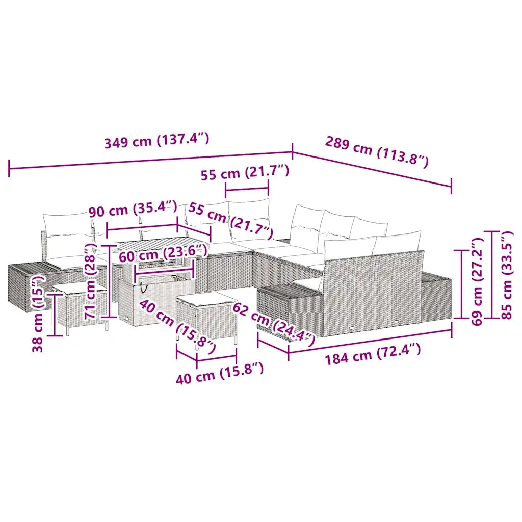 Set Divano da Giardino con cuscino 13 pcs Grigio polyrattan 3362848