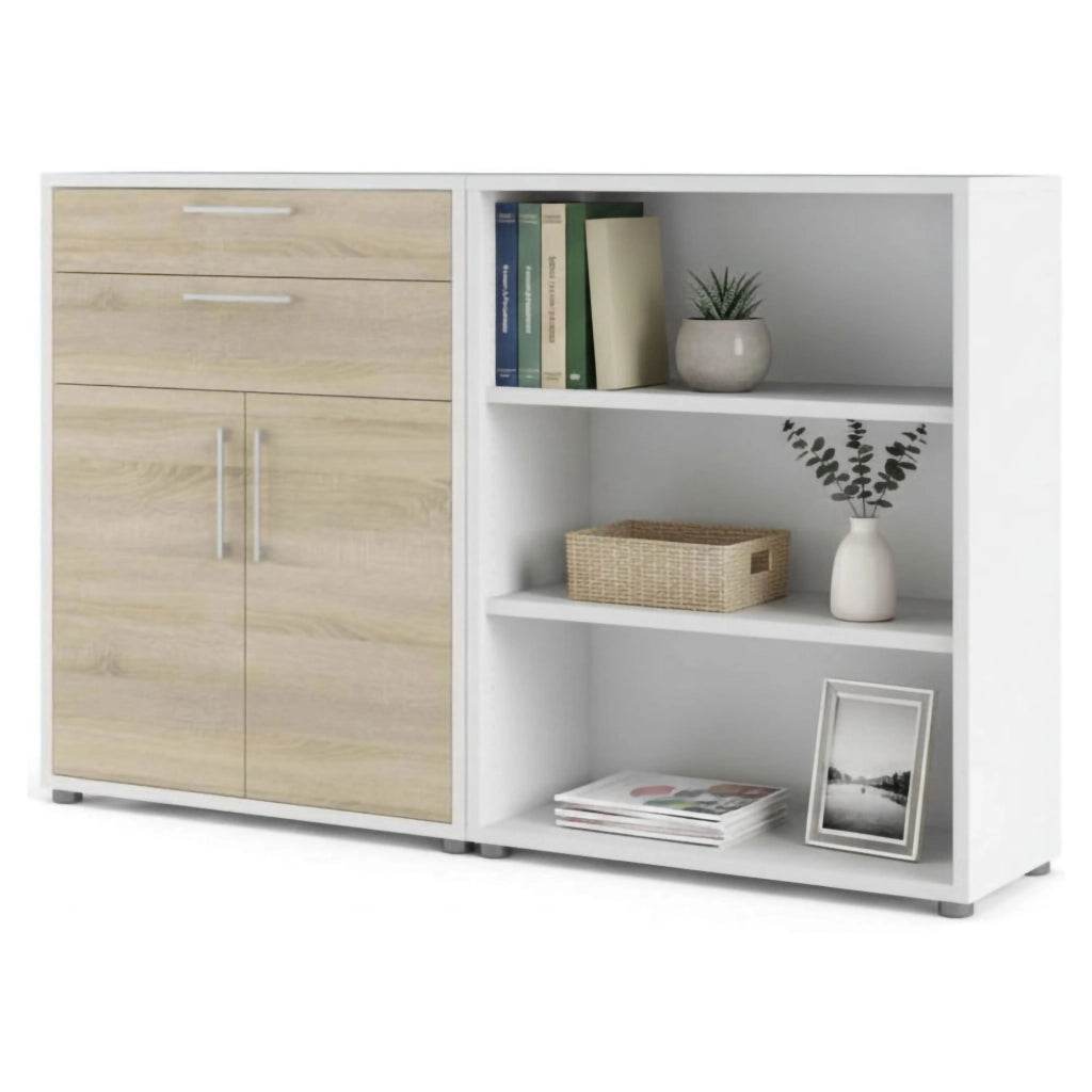Credenza Albinea, Buffet da soggiorno, Madia da salotto, Dispensa da cucina, 178x40 h113 cm, Bianco e Quercia