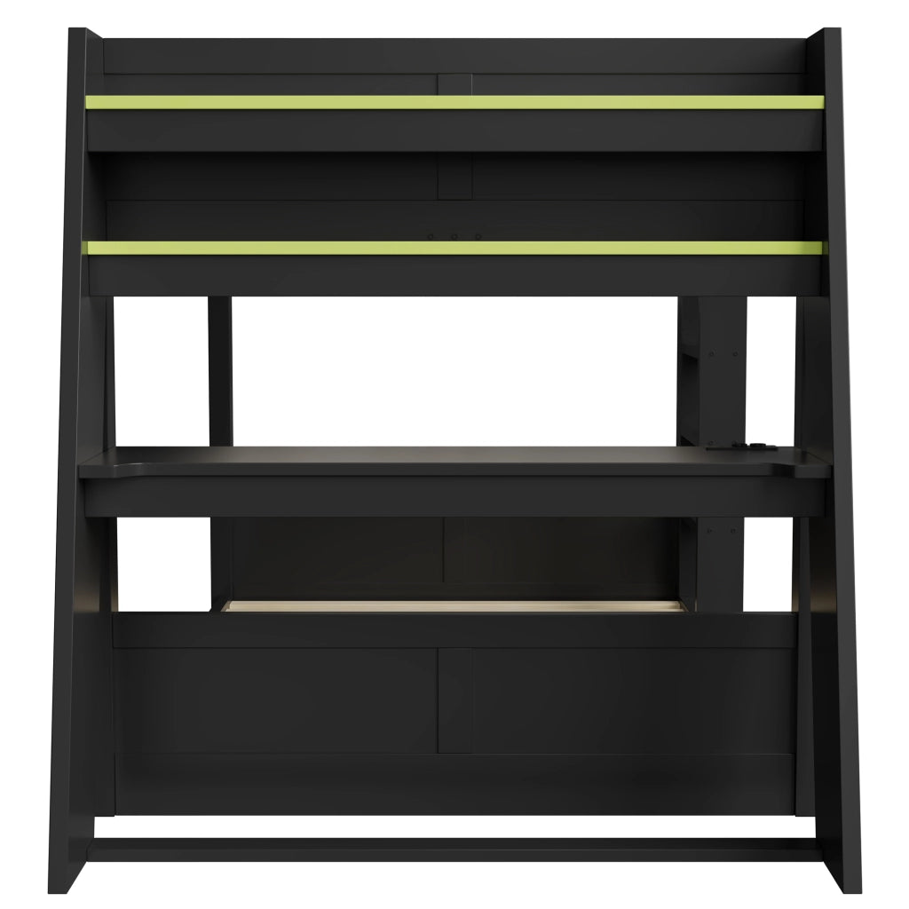 DESMIU Letto a castello 140 × 200 cm 2 posti con scrivania, USB, LED e ripiani, senza materasso, in legno e MDF, nero