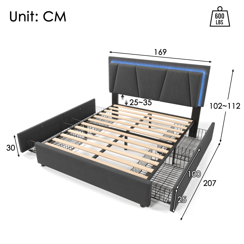 Letto matrimoniale 160 × 200 cm con LED, testiera regolabile e 4 cassetti, senza materasso, grigio