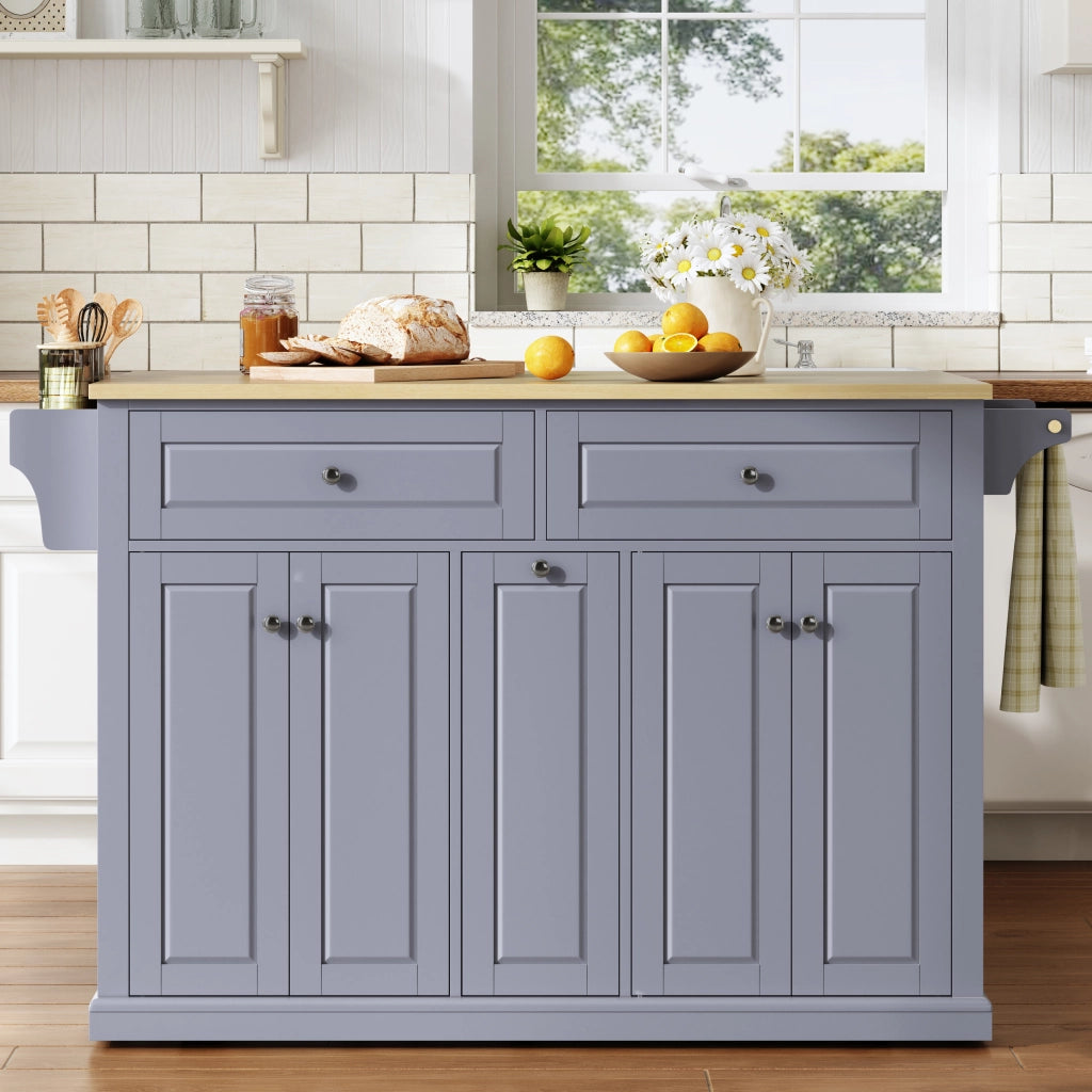 Isola cucina mobile con piano ribaltabile, 2 cassetti grandi, cassetti verticali, ruote frenanti, 121 x 49(69) x 89 cm