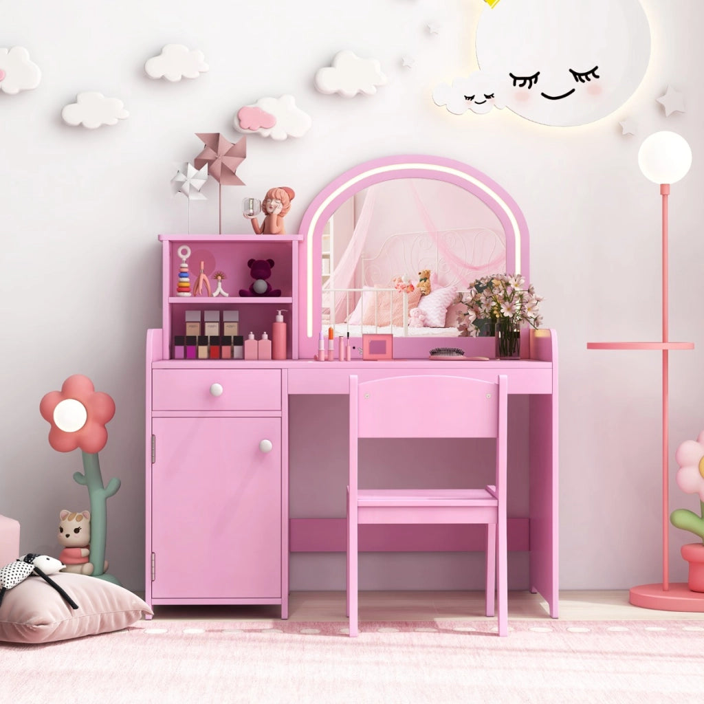 Set tavolo da trucco per bambini con sedia mensole cassetto e anta-Toeletta da trucco in legno con luci LED Rosa