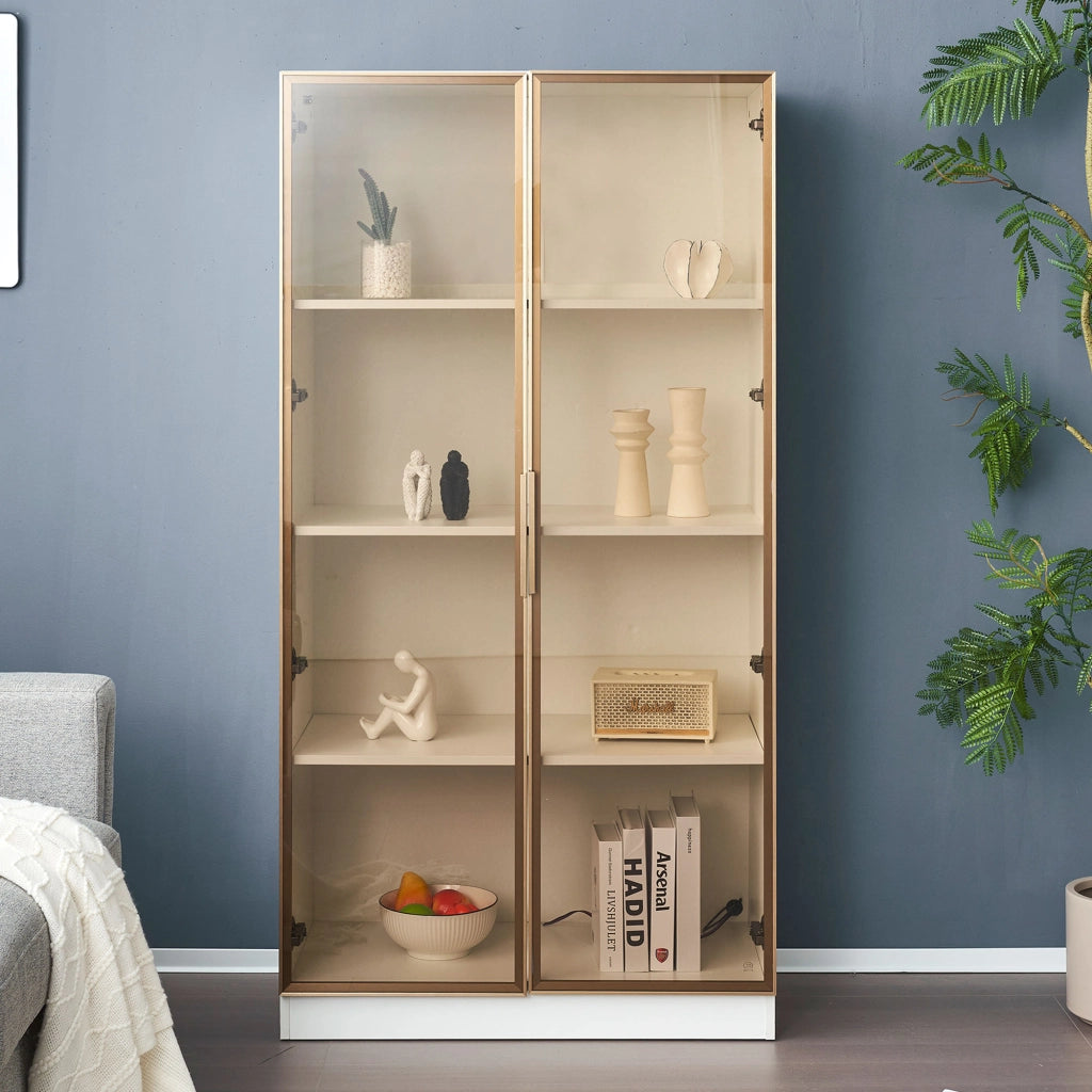 Vetrina con 2 ante; ripiani regolabili e LED - per soggiorno - in truciolare - 80×40×160 cm - bianco