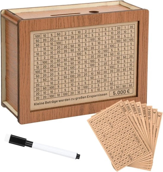 Spaarcaixa in Legno con Piattaforma - Cassetto di Risparmio Rinnovabile con Segnalini di Risparmio e Penna Canciellabile - 500-10000 - Spaarpot Artigianale per Bambini e Adulti per Creare Abitudini