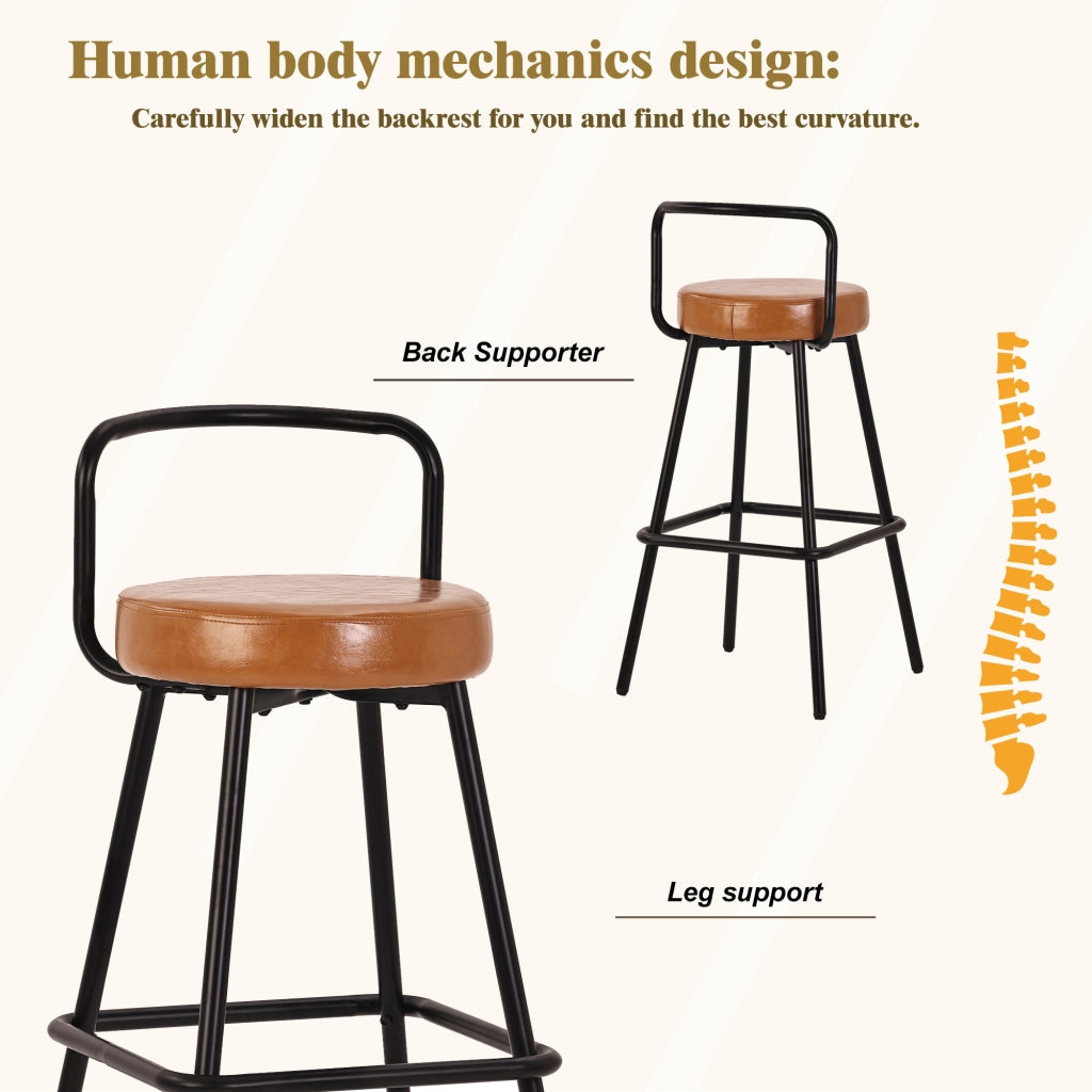 Sgabello da bar ergonomico con schienale imbottito, seduta in PU impermeabile, poggiapiedi e gambe in ferro marrone