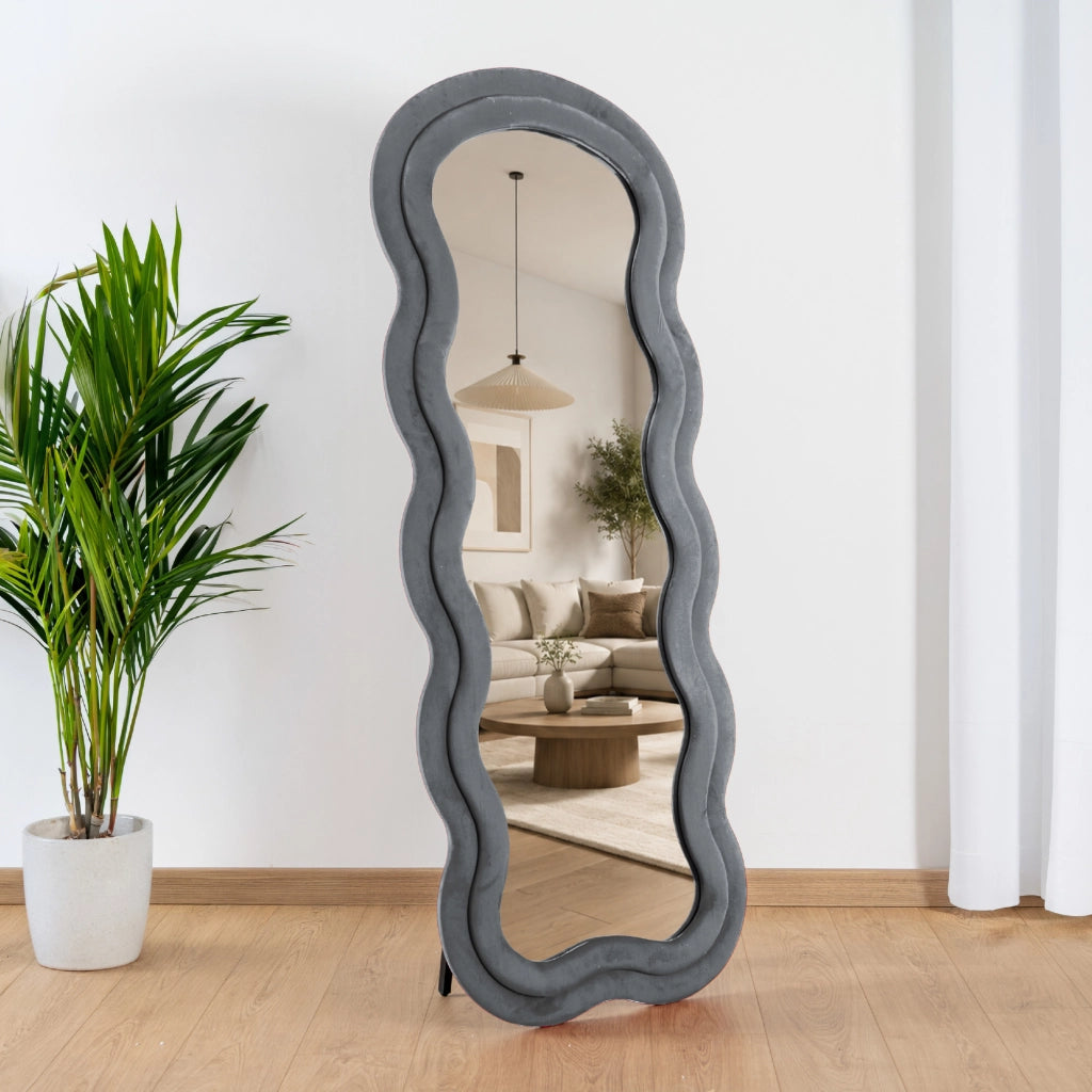 Specchiera da Terra 170x70 cm Design Ondulato Rivestita in Velluto con Supporto in Metallo Specchio Figura Intera Moderno per Camera da Letto Soggiorno Cabina Armadio Grigio Scuro