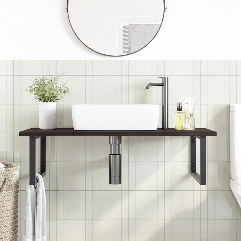 vidaXL Ripiano a Parete per Lavabo in Acciaio e Massello di Rovere