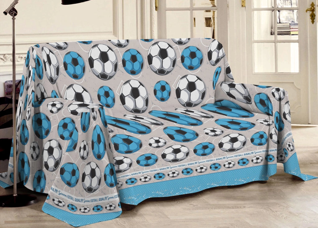 Telo Arredo Multiuso Linea Pensieri Delicati In 100% Cotone Disegno Calcio - Singolo - Azzurro
