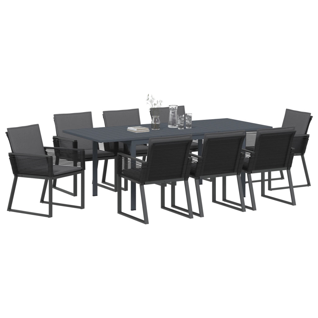Set da Pranzo da Giardino  9 Pezzi con Cuscini Rattan PE Nero