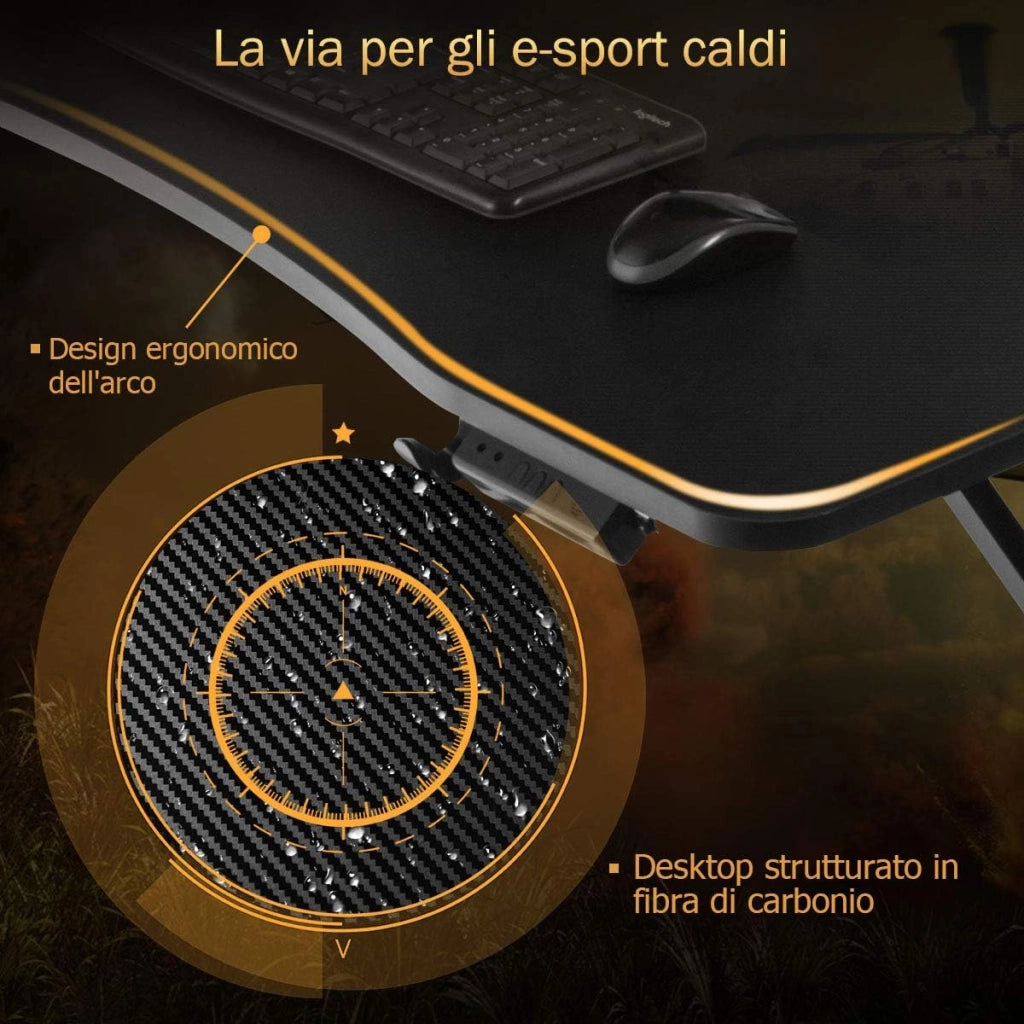 Scrivania da Gaming con Alzata e Luci RGB, Postazione da Gaming per Computer, con Porta Bicchiere e Gancio per Cuffie