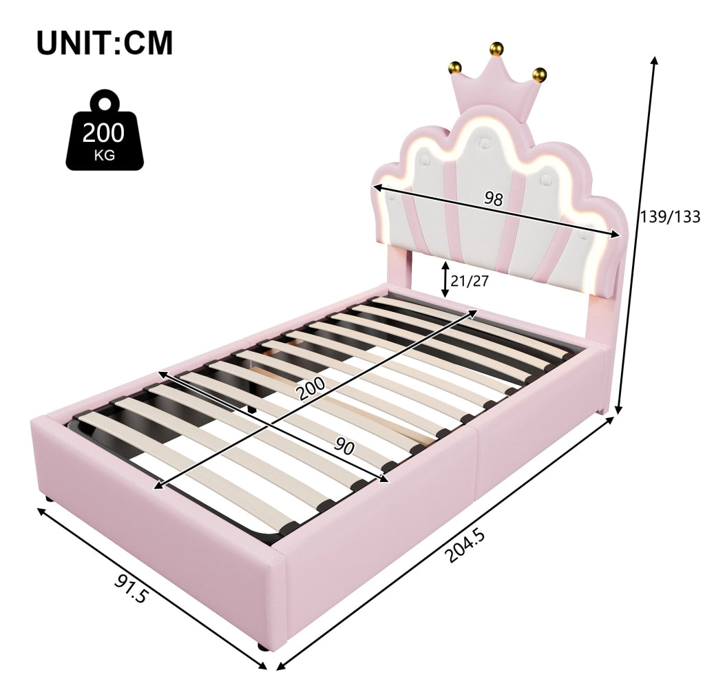 Letto imbottito 90x200 cm in PU rosa con testiera regolabile; LED e contenitore idraulico