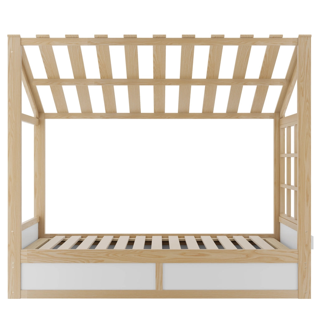 Letto per bambini 90x200 cm con contenitore idraulico e vani laterali in legno bianco e colore naturale