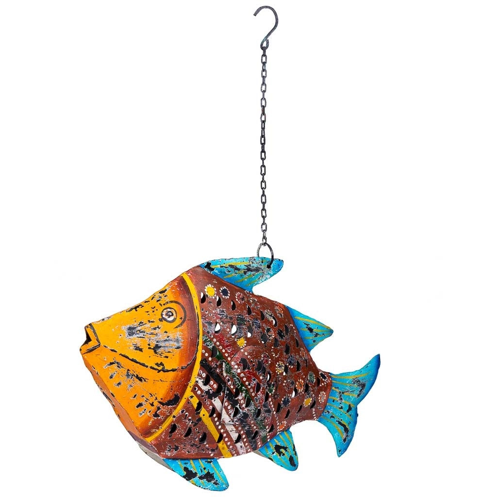 Portacandele pesce in metallo invecchiato 50x10x32