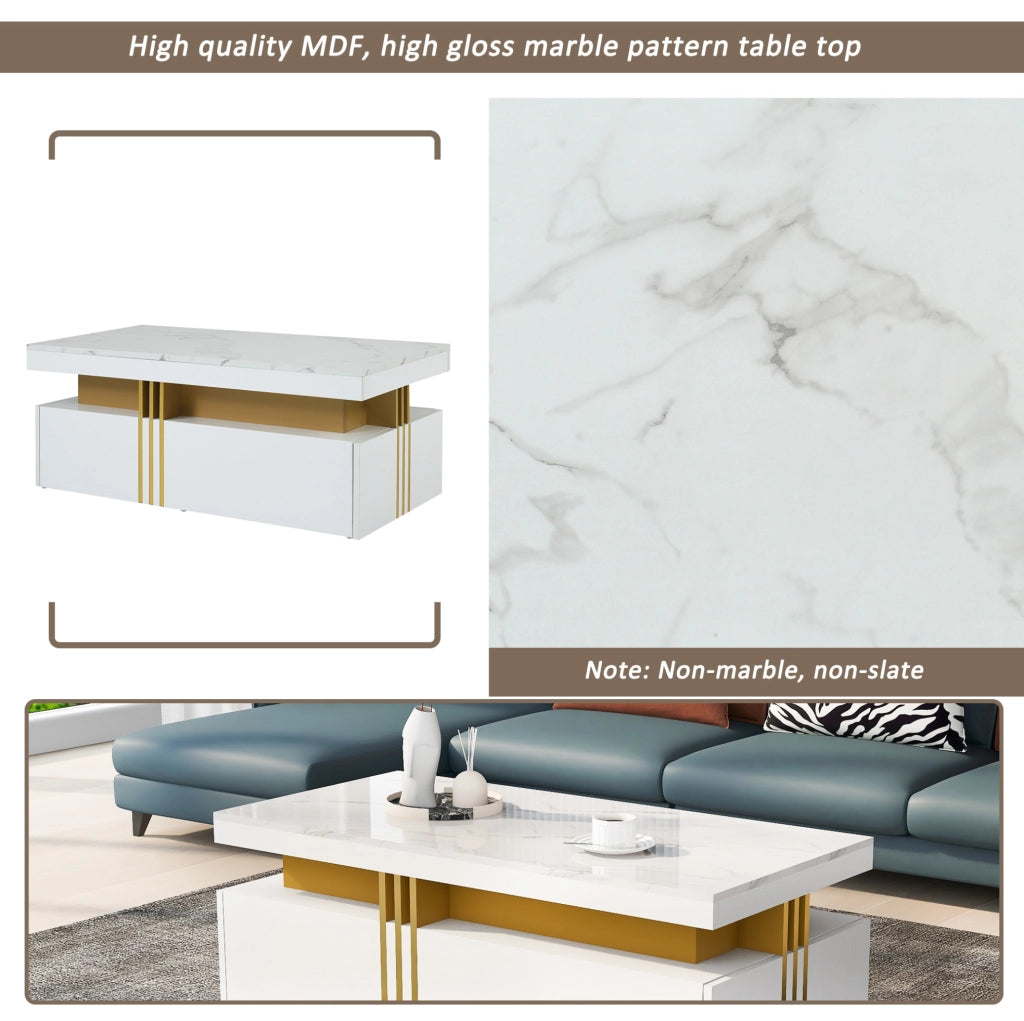 Tavolino da salotto moderno rettangolare 100x50x40 cm bianco lucido con 2 cassetti