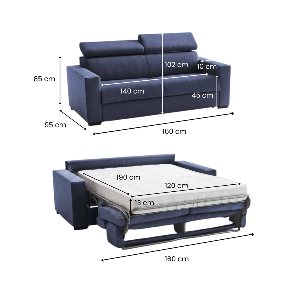 Alinia, Divano Letto 2 Posti Sfoderabile Made in Italy, 160x95 cm blu