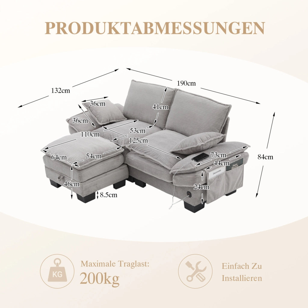 Divano 2 posti con pouf in corduroy 190 cm; con USB-C e tasche laterali; grigio chiaro