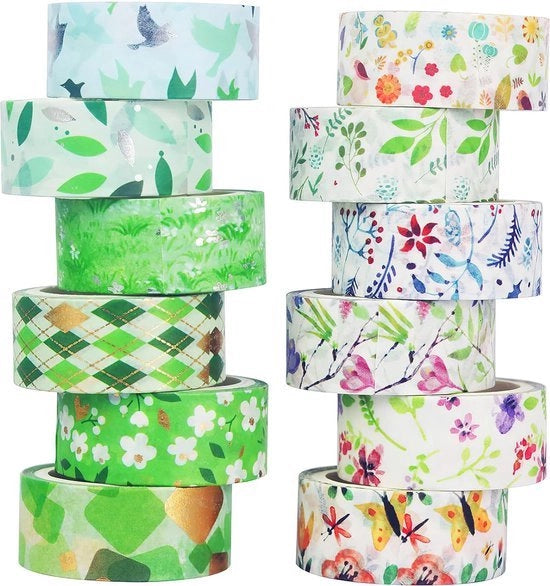Set di nastro adesivo a tema lente, 12 rotoli, 15 mm di larghezza, disegno di fiori e foglie verde naturale, nastro decorativo per album, Bullet Journal, confezione regalo (3m)