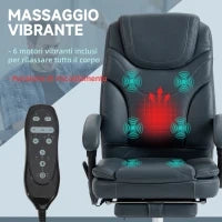 Sedia da Ufficio Massaggiante e Riscaldante con Poggiapiedi, in Pelle PU e Acciaio, 67x67x113-121 cm, Grigio