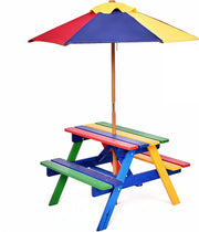 Set di Tavolo Picnic per Bambini in Legno Massiccio con Ombrellone, Set da Giardino per Bambini 1 Tavolo e 2 Panche Colorato per Giardino, Balcone, Campeggio