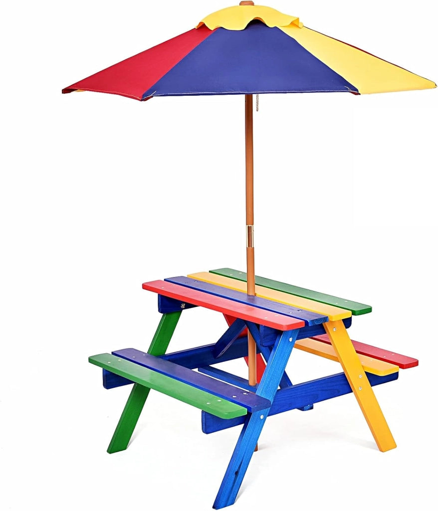 Set di Tavolo Picnic per Bambini in Legno Massiccio con Ombrellone, Set da Giardino per Bambini 1 Tavolo e 2 Panche Colorato per Giardino, Balcone, Campeggio